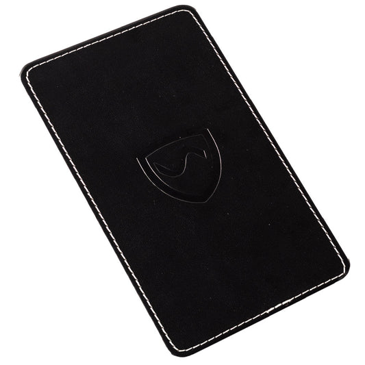 Black phone shield wallet with stitched edge and EMF shielding emblem
