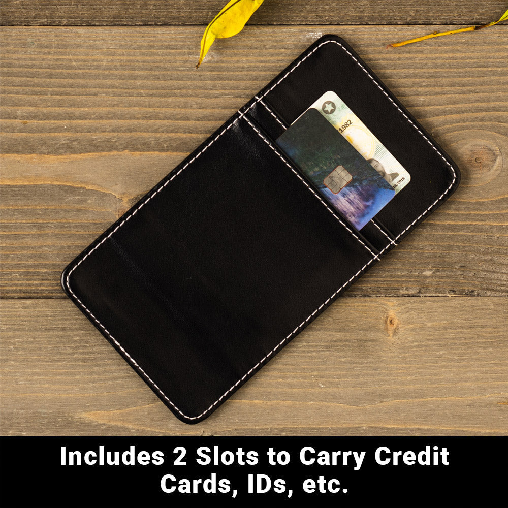 Black phone shield wallet with two card slots holding credit cards
