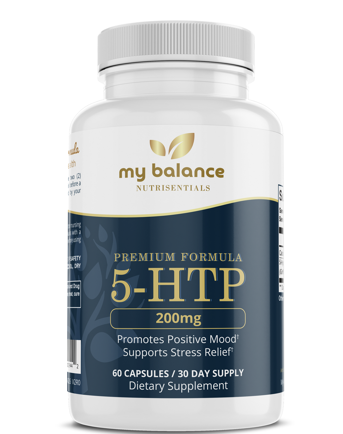 5-HTP dietary supplement bottle, my balance; 200 mg, 60 capsules