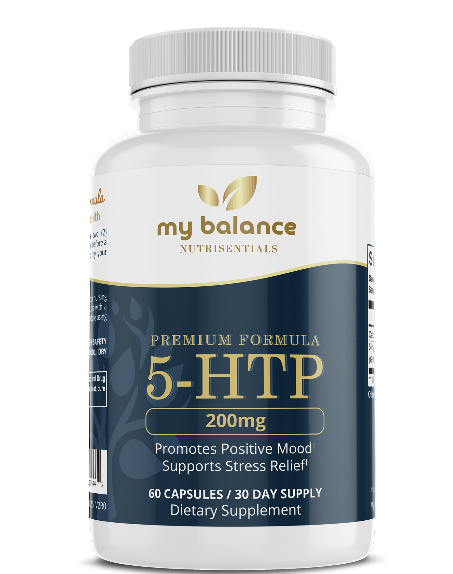 5-HTP dietary supplement bottle, my balance; 200 mg, 60 capsules