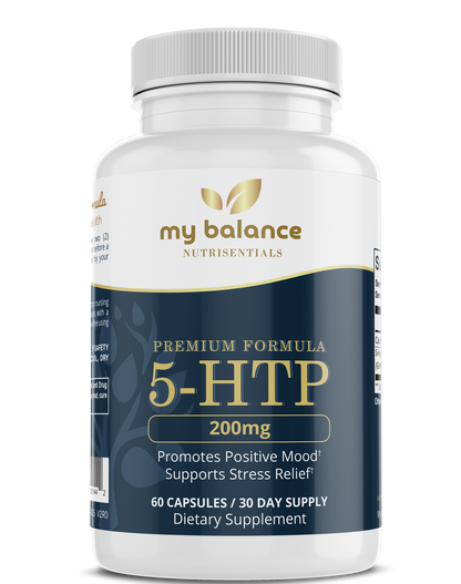 5-HTP dietary supplement bottle, my balance; 200 mg, 60 capsules