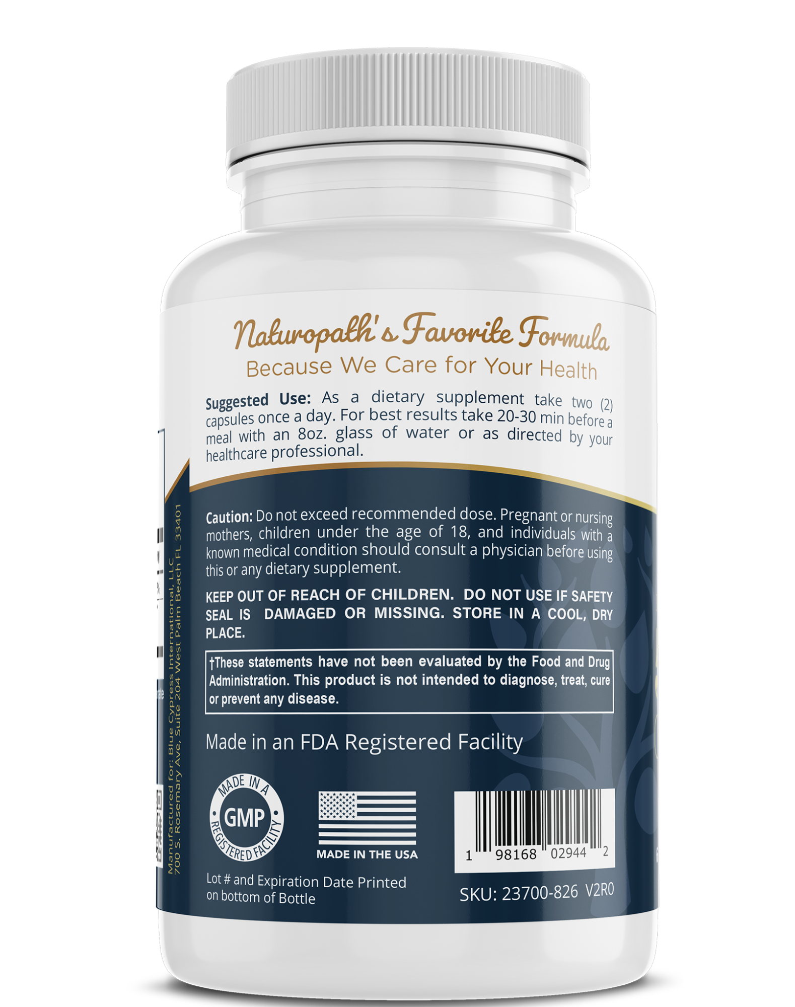 Dietary supplement bottle back label with Naturapath's Favorite Formula and GMP
