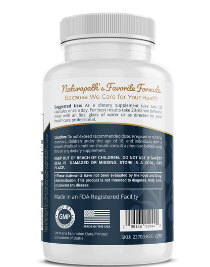 Dietary supplement bottle back label with Naturapath's Favorite Formula and GMP
