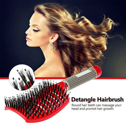 Detangling hairbrush with red cushion pad, silver mesh handle, black bristle tips