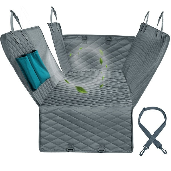 Grey quilted dog car seat cover with side handles and front tie strap
