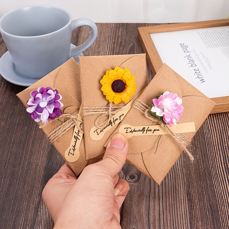5pcs/set 3D Kraft Paper Envelope Card Flower Bandage Art Envelope Vintage Wedding Supplies - Renee Lane Company