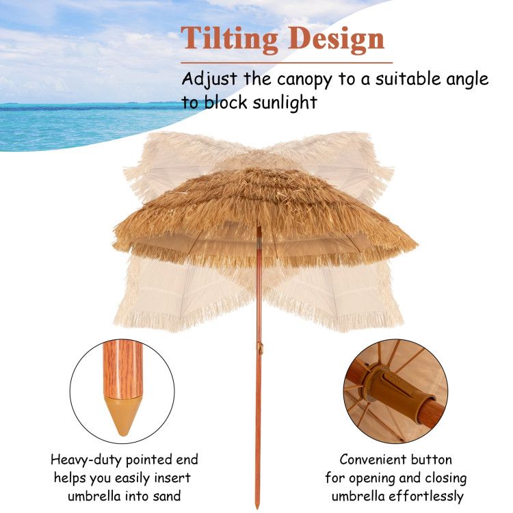6.5 Feet Portable Thatched Tiki Beach Umbrella with Adjustable Tilt - Renee Lane Company