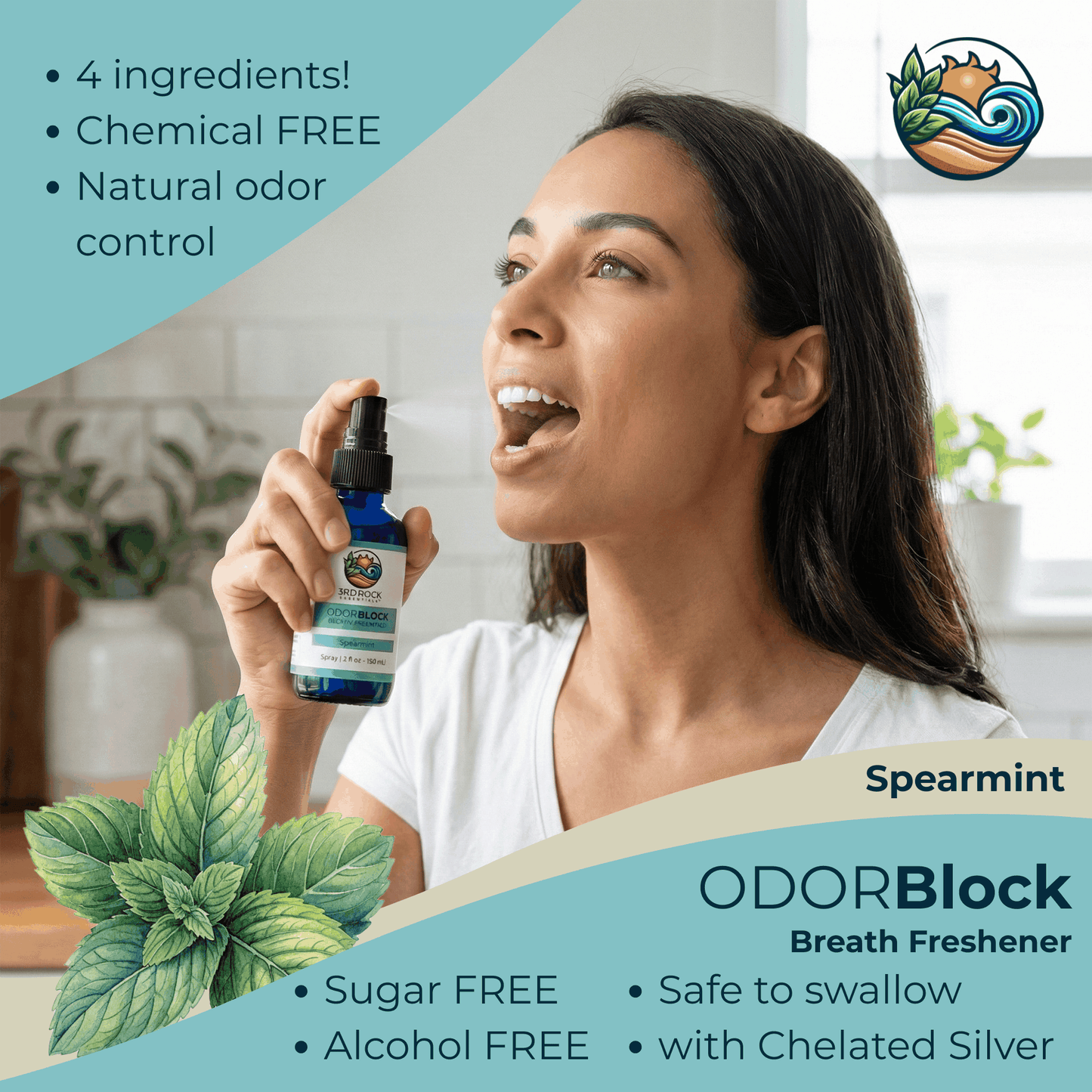 Breath freshener spray bottle with spearmint and safe-to-swallow callouts