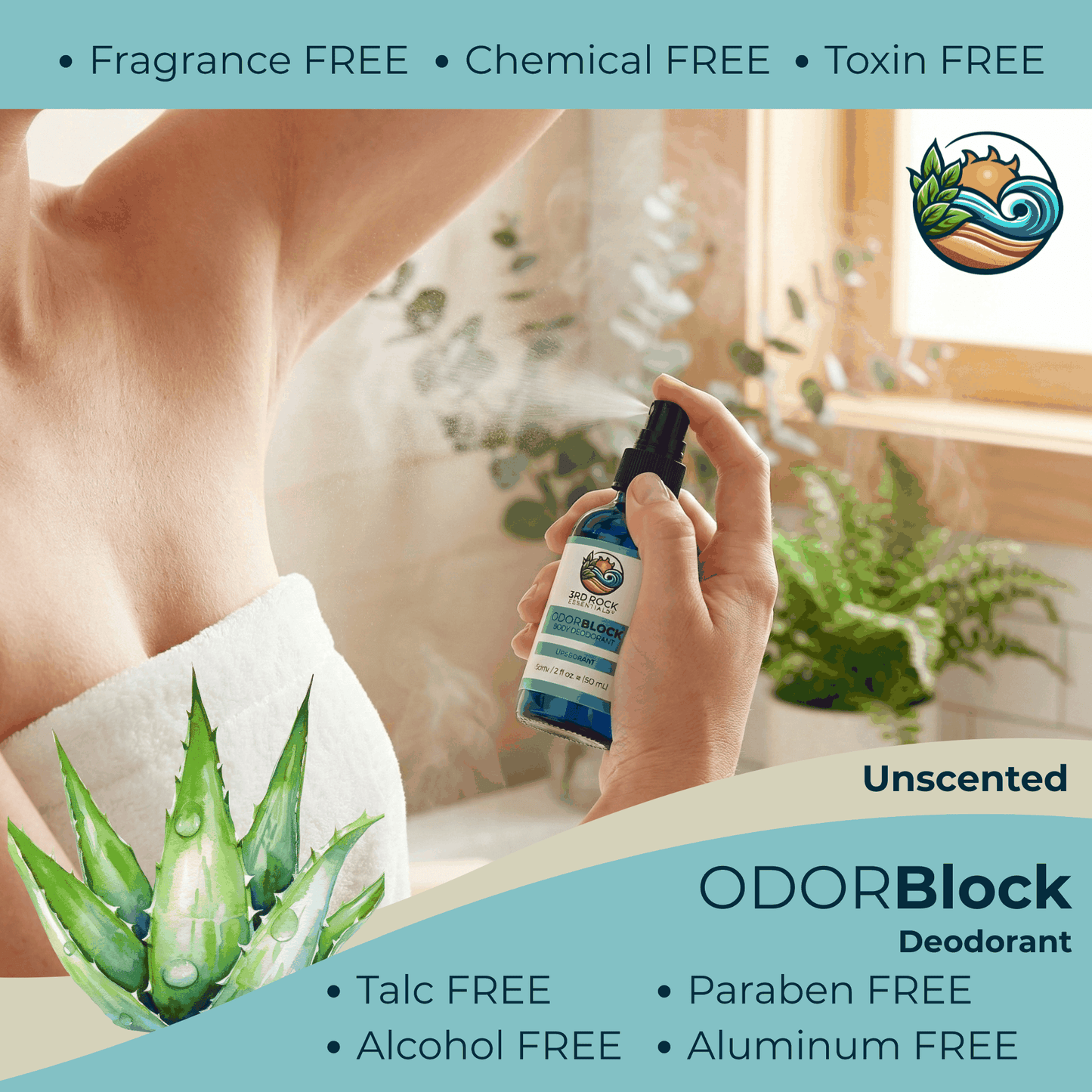 Body deodorant spray bottle with label highlights: fragrance-free, chemical-free, toxin-free.