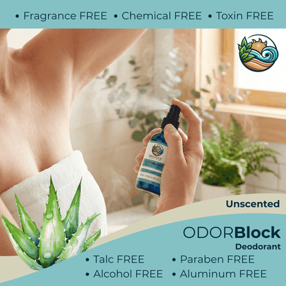 Body deodorant spray bottle with label highlights: fragrance-free, chemical-free, toxin-free.