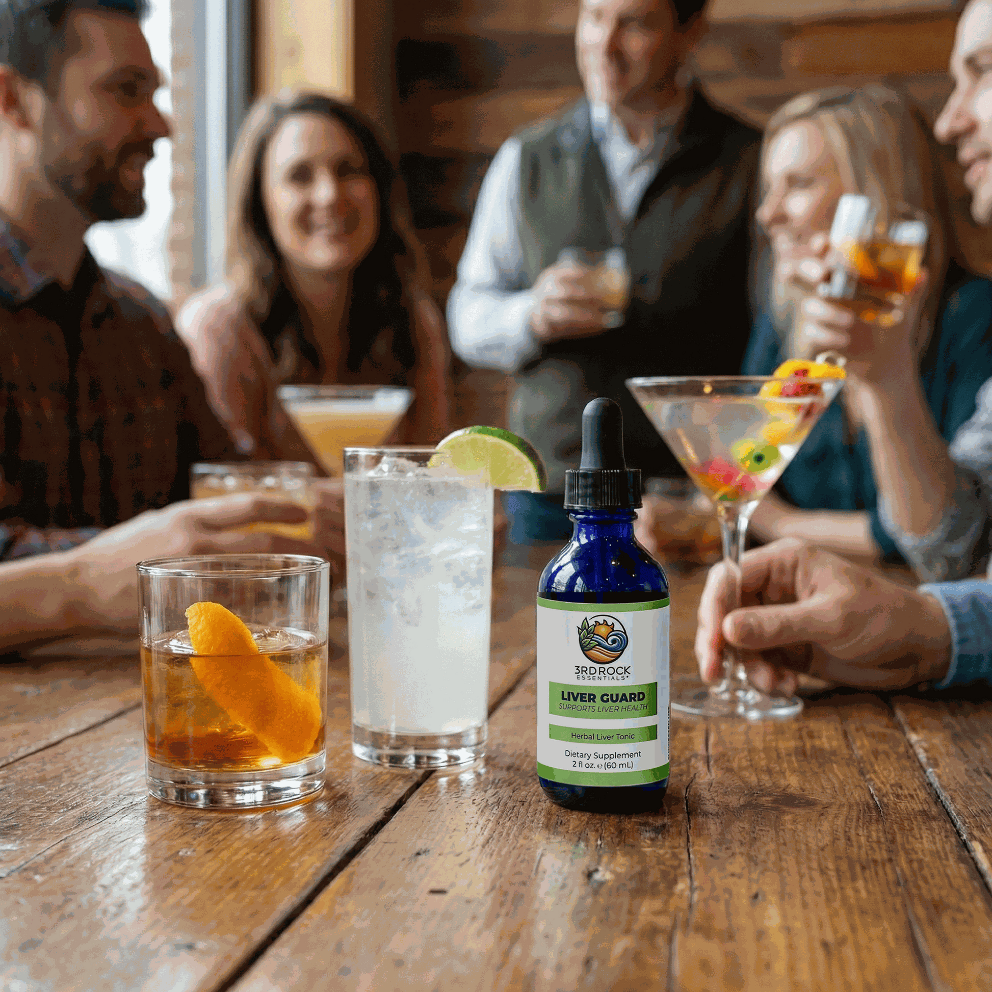 Liver Guard supplement bottle on table in drinks setting, dark blue glass with green label