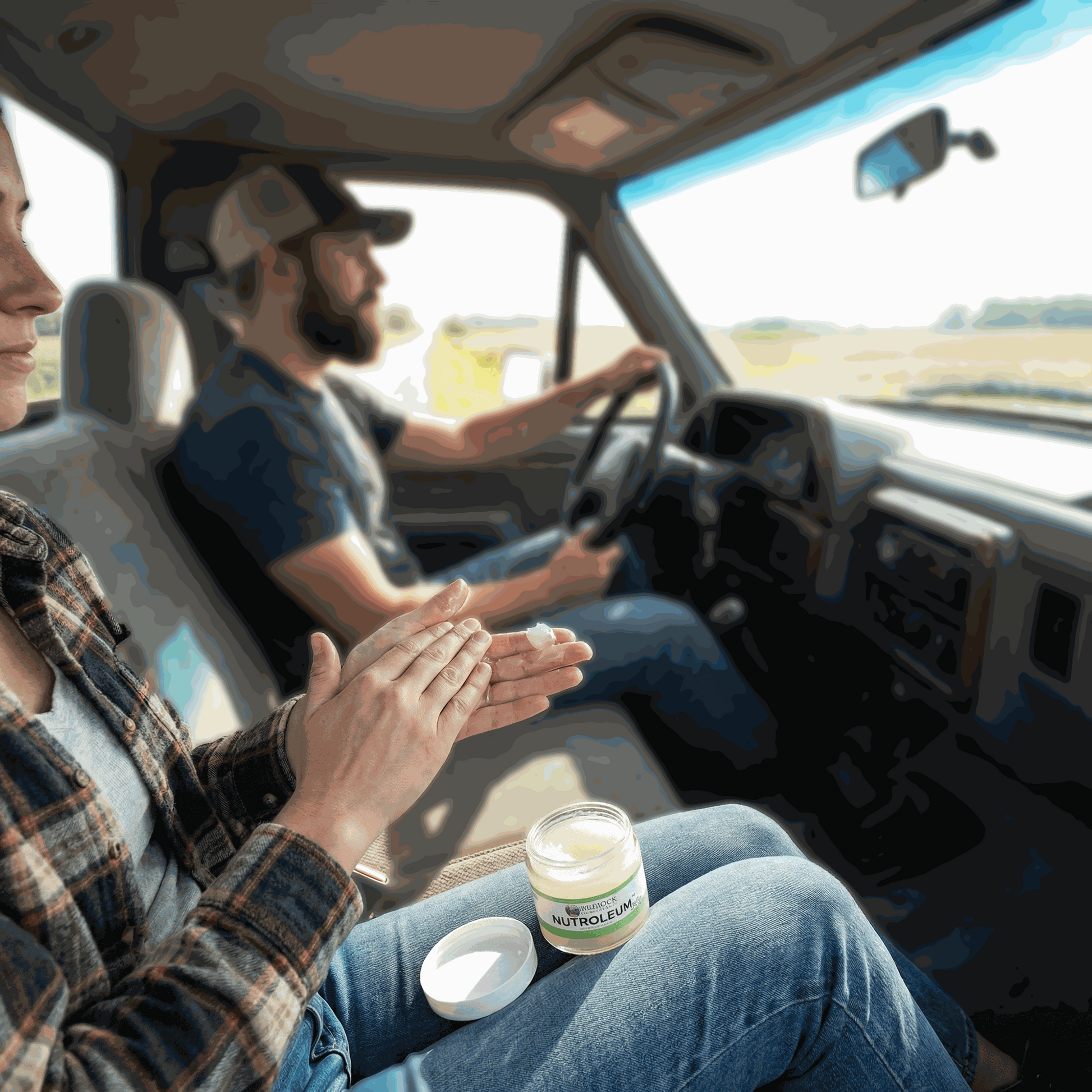 Water-soluble jelly jar on tray near seated person inside a car