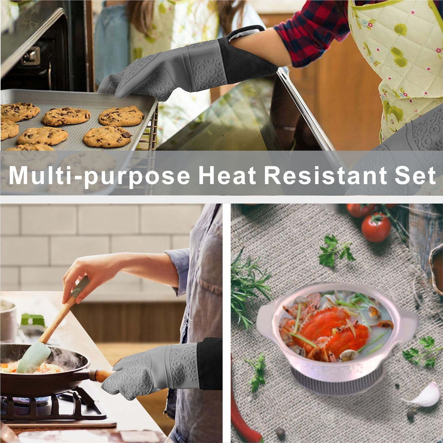 6 Pack Silicone Oven Mitts and Pot Holders Sets, Non-Slip Heat Resistant Oven Gloves For Cooking Baking Grilling - Renee Lane Company