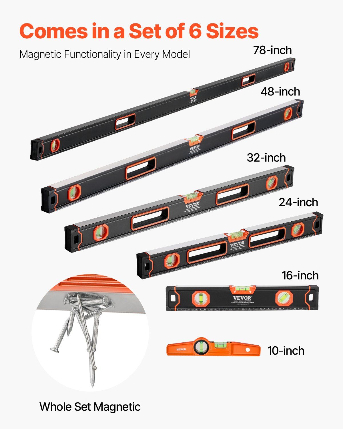 6-Piece Torpedo Level, 78/48/32/24/16/10 Inch All Magnetic Levels Set, Bubble Vials Ruler for 45/90/180 Degree, Aluminum Alloy Magnetic Box Leveler Tool, Shock-Resistance, SAE and Metric Scale - Renee Lane Company