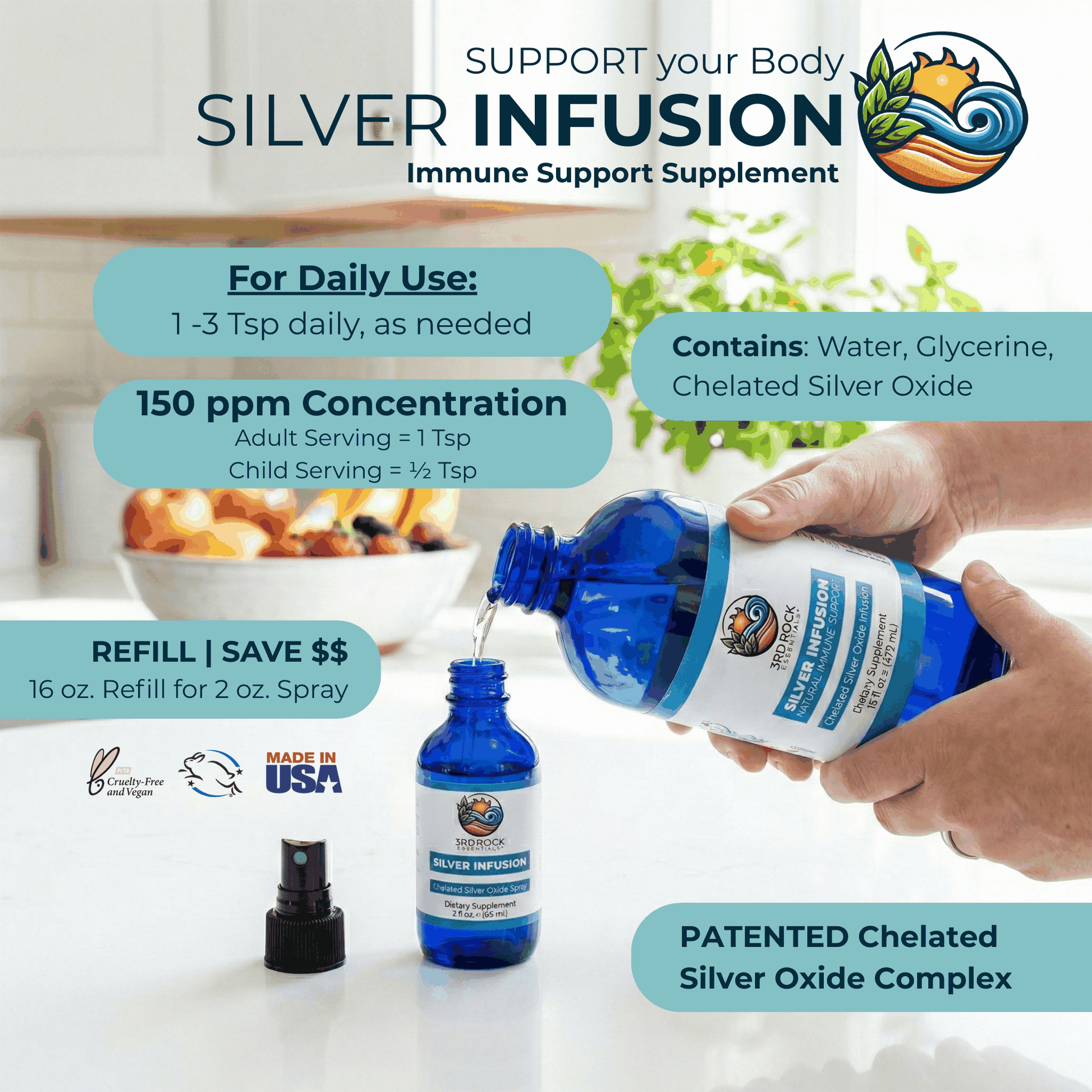 Silver infusion supplement bottle display with small dropper bottle and teal badge