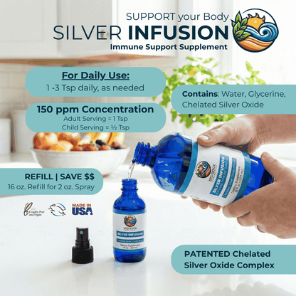 Silver infusion supplement bottle display with small dropper bottle and teal badge
