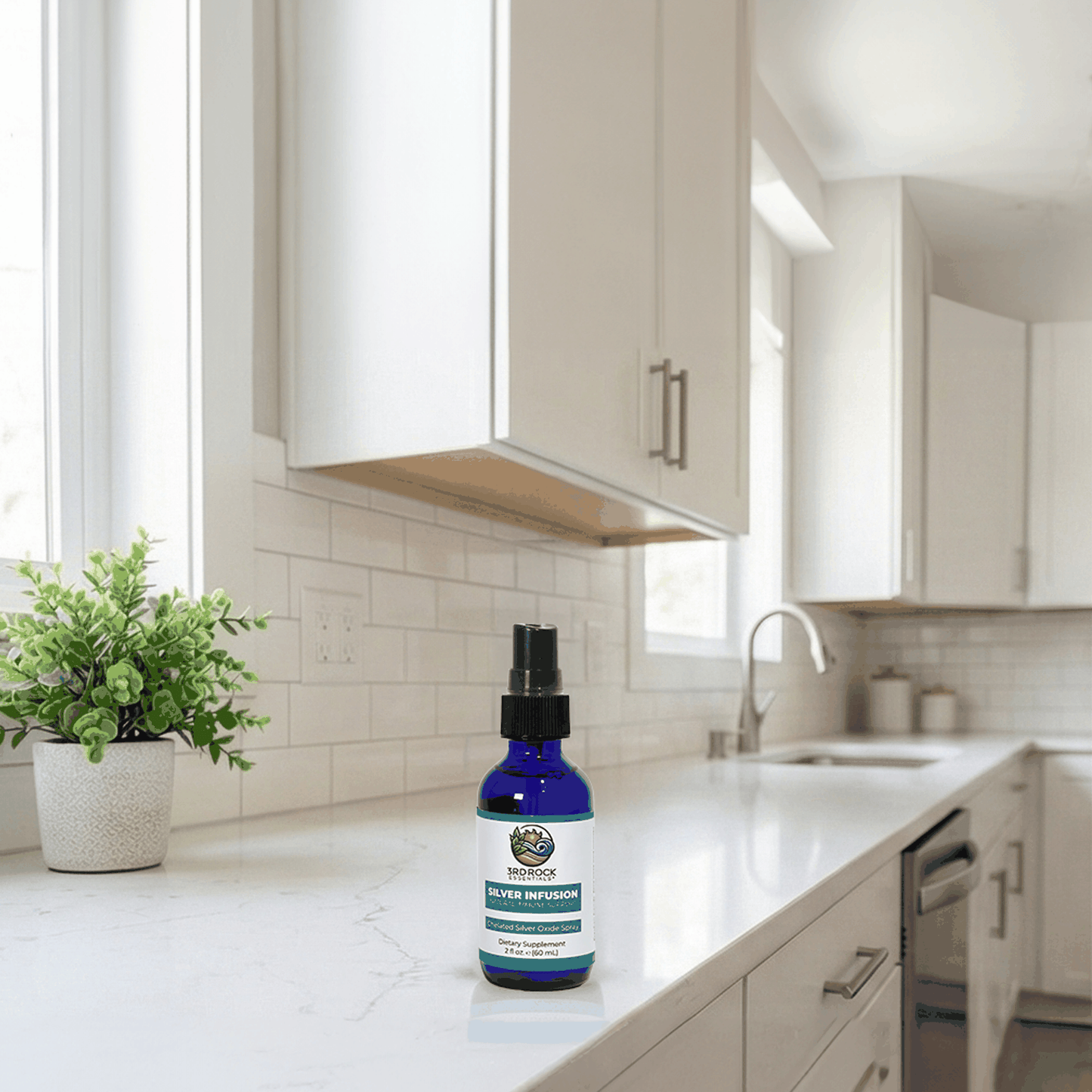 Silver infusion spray bottle with black mist pump, blue bottle design.