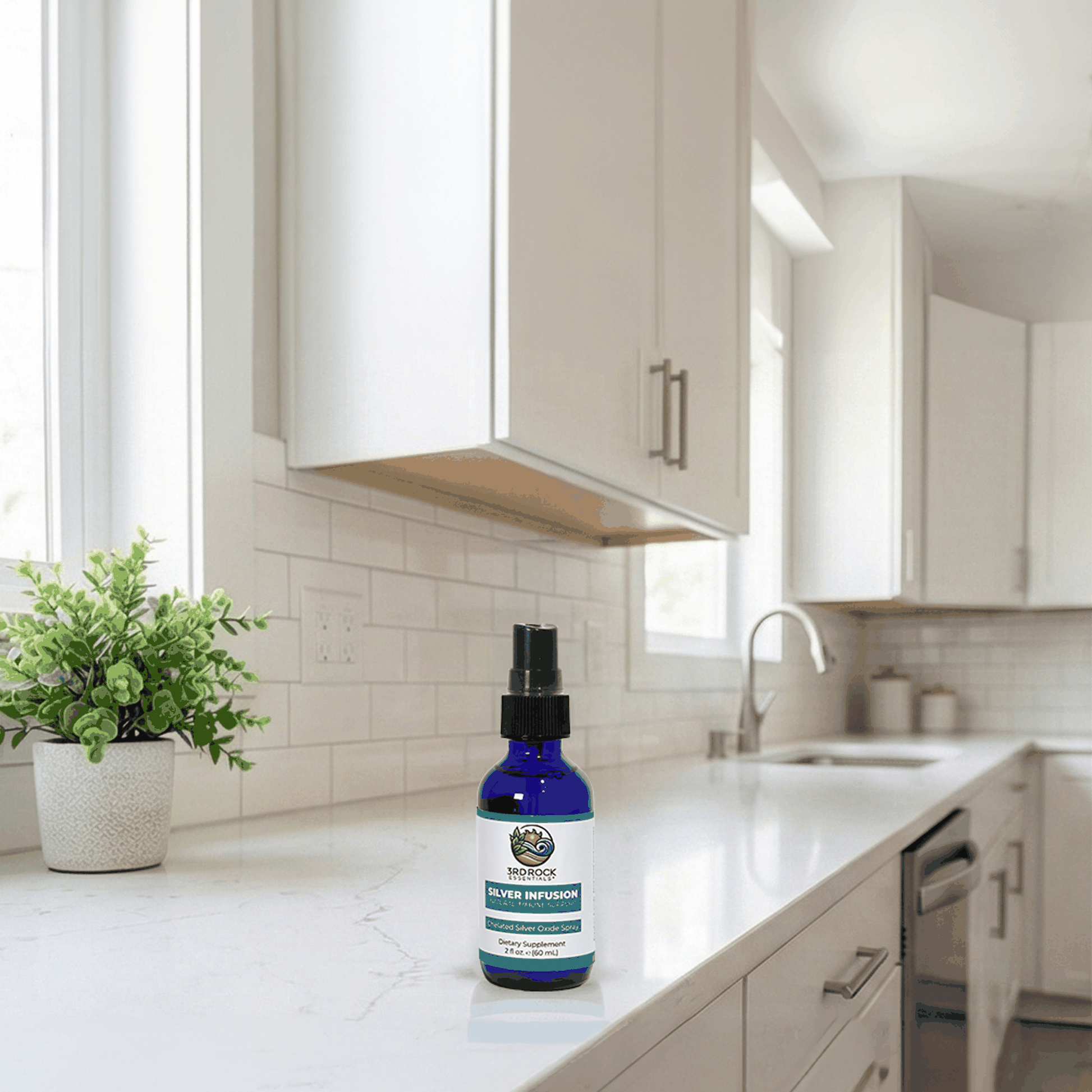 Silver infusion spray bottle with black mist pump, blue bottle design.