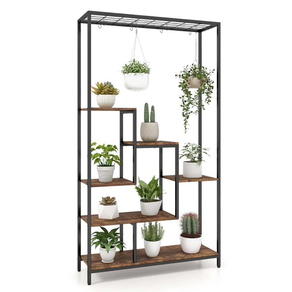 6-Tier Tall Plant Stand 71 Inch Metal Indoor Plant Shelf with 10 Hanging Hooks - Renee Lane Company