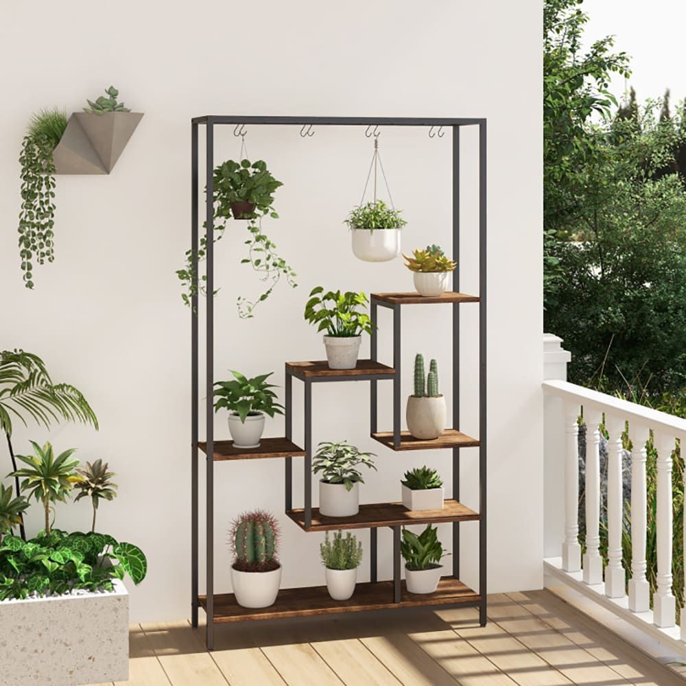6-Tier Tall Plant Stand 71 Inch Metal Indoor Plant Shelf with 10 Hanging Hooks - Renee Lane Company