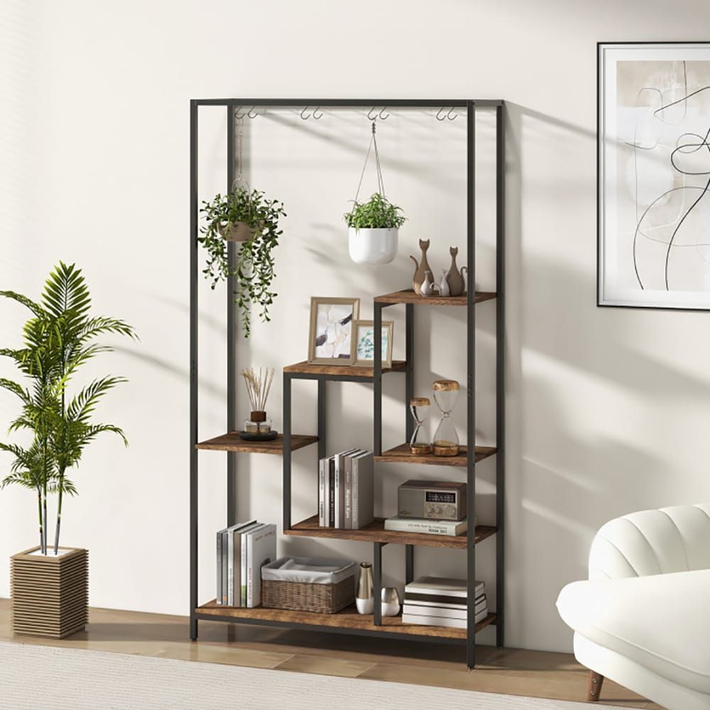 6-Tier Tall Plant Stand 71 Inch Metal Indoor Plant Shelf with 10 Hanging Hooks - Renee Lane Company