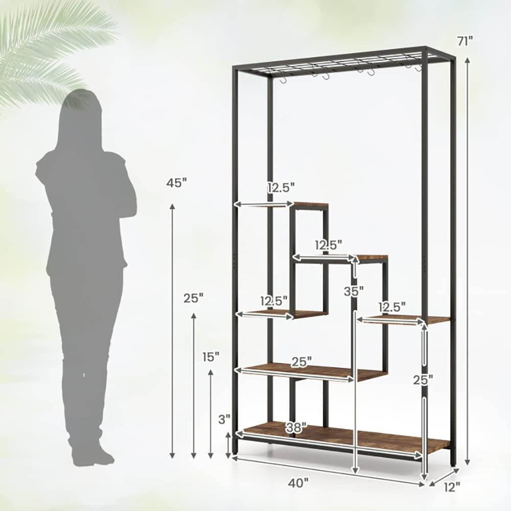 6-Tier Tall Plant Stand 71 Inch Metal Indoor Plant Shelf with 10 Hanging Hooks - Renee Lane Company