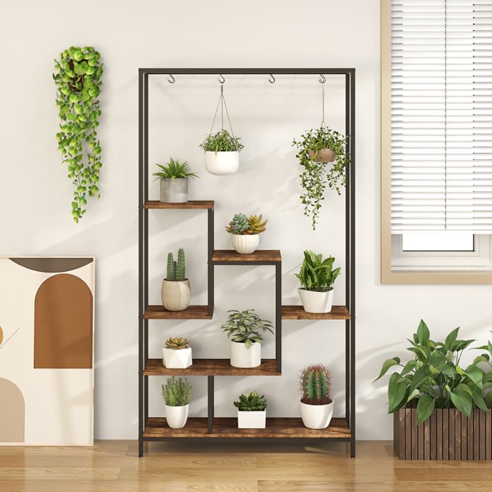 6-Tier Tall Plant Stand 71 Inch Metal Indoor Plant Shelf with 10 Hanging Hooks - Renee Lane Company