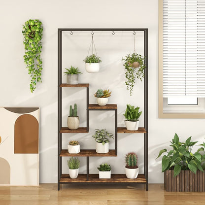 6-Tier Tall Plant Stand 71 Inch Metal Indoor Plant Shelf with 10 Hanging Hooks - Renee Lane Company