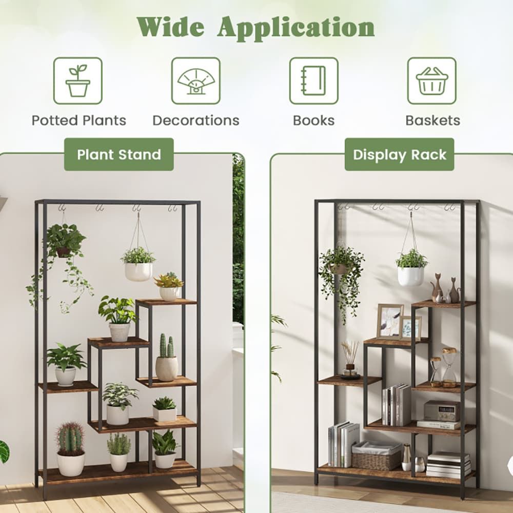 6-Tier Tall Plant Stand 71 Inch Metal Indoor Plant Shelf with 10 Hanging Hooks - Renee Lane Company