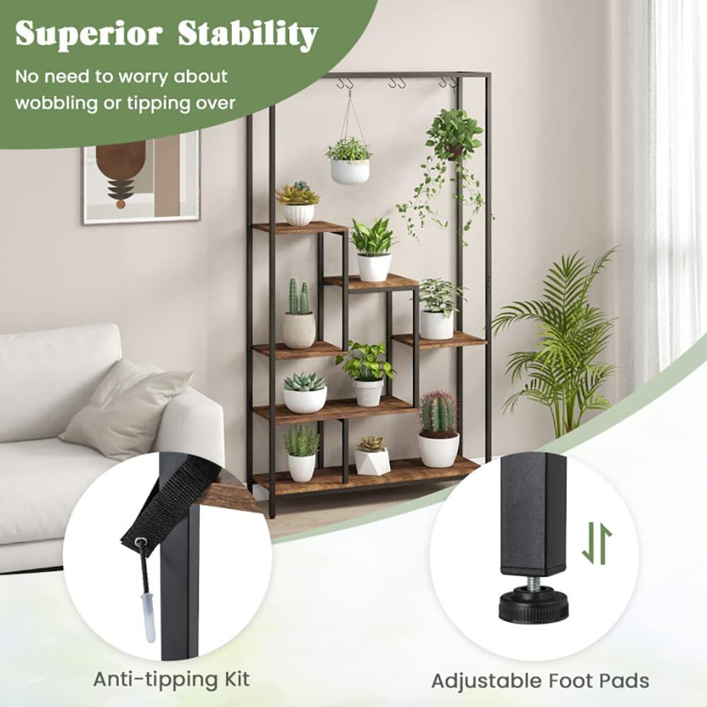 6-Tier Tall Plant Stand 71 Inch Metal Indoor Plant Shelf with 10 Hanging Hooks - Renee Lane Company
