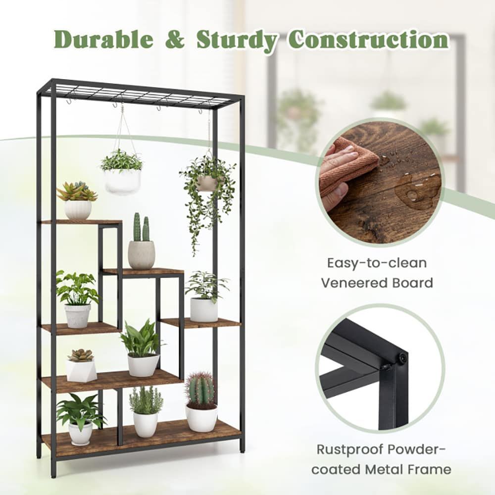 6-Tier Tall Plant Stand 71 Inch Metal Indoor Plant Shelf with 10 Hanging Hooks - Renee Lane Company