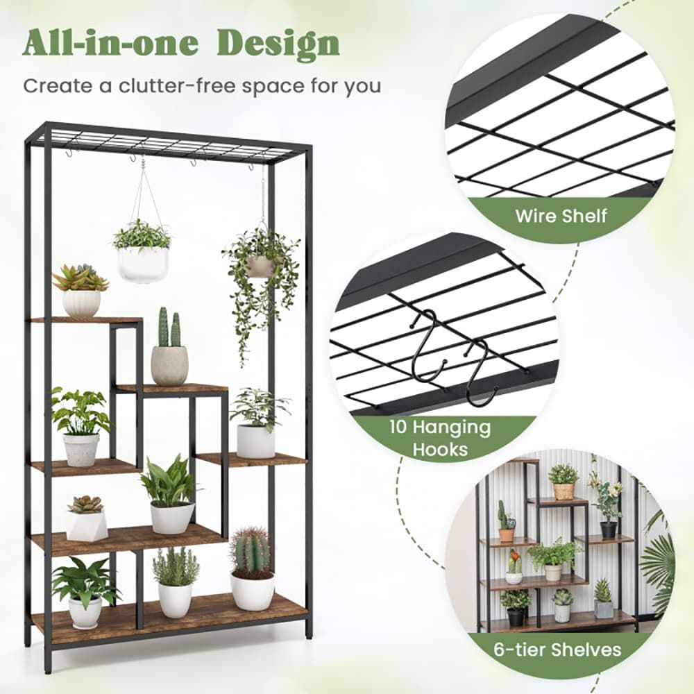 6-Tier Tall Plant Stand 71 Inch Metal Indoor Plant Shelf with 10 Hanging Hooks - Renee Lane Company