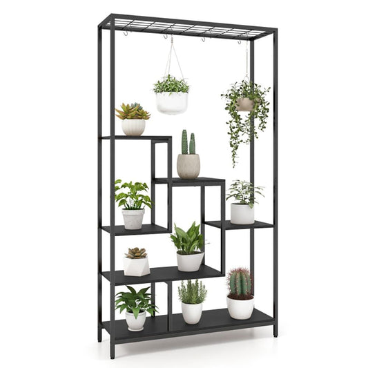 6-Tier Tall Plant Stand 71 Inch Metal Indoor Plant Shelf with 10 Hanging Hooks - Renee Lane Company