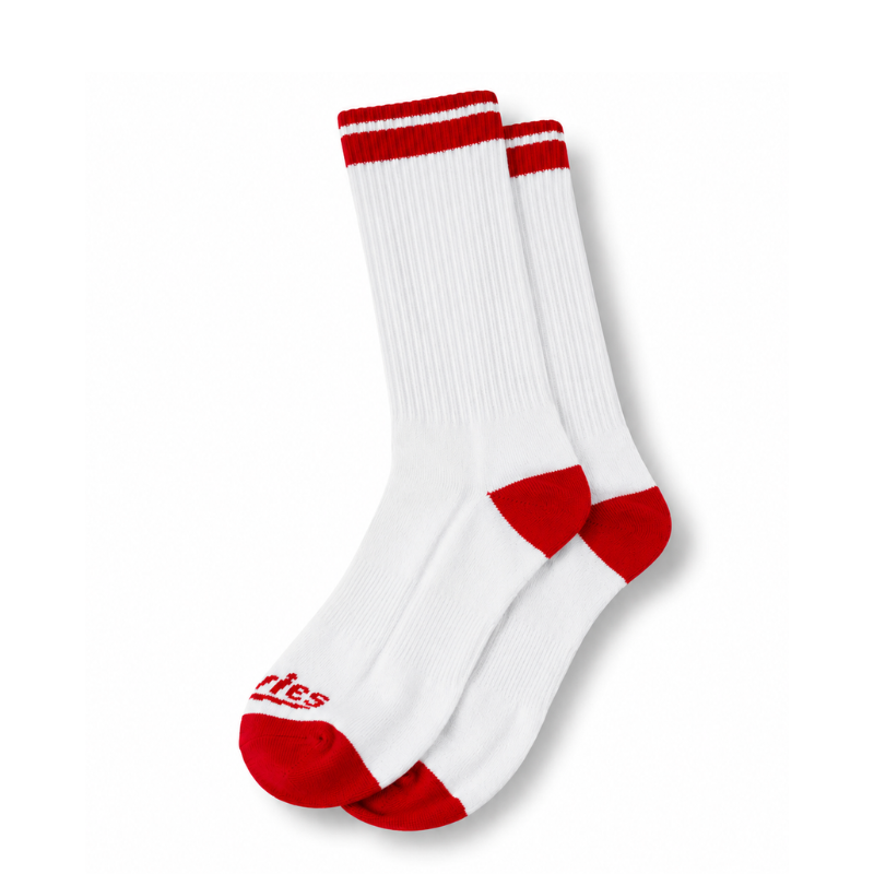 White boot socks with red-striped cuffs and red toe heel accents