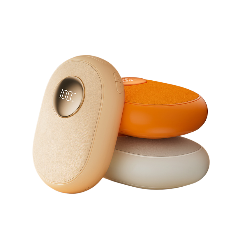Beige and orange electric hand warmer with circular display showing 100°C