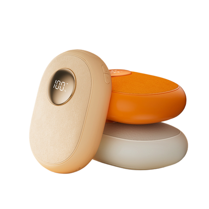Beige and orange electric hand warmer with circular display showing 100°C