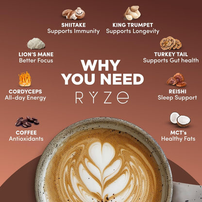 RYZE SUPERFOODS Mushroom Coffee Dark Roast, 6 Adaptogenic Mushrooms & Prebiotic Blend, Instant Coffee Supports Energy, Focus, Digestion & Immunity, Lions Mane & Turkey Tail, 30 Servings. - Renee Lane Company