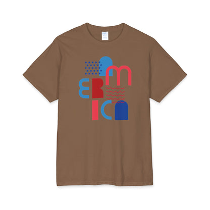 Brown graphic T-shirt with abstract block letter design in red and blue