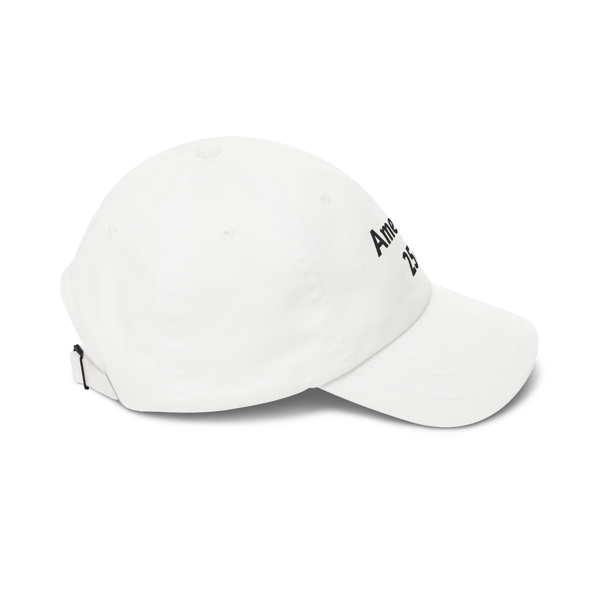 White dad cap, angled view with embroidered side lettering and curved brim