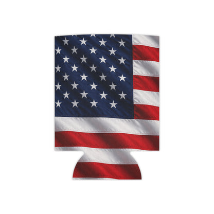 American flag can cooler sleeve with navy star panel and red-white stripes