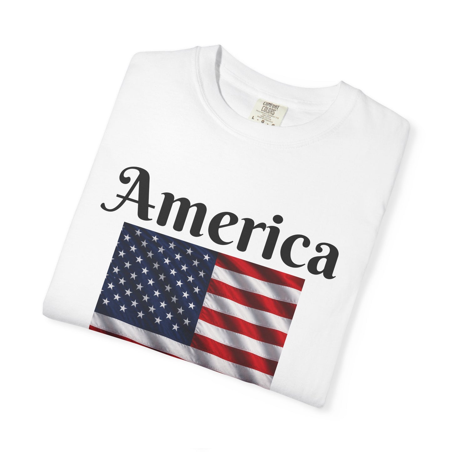 White crewneck T-shirt with "America" script and American flag front print