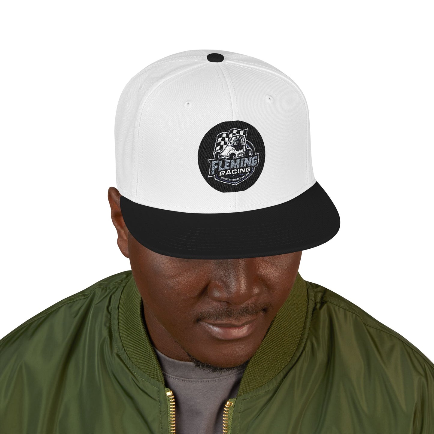Embroidered patch baseball cap, white with black brim and front logo