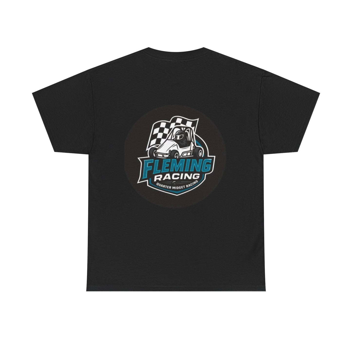 Black crewneck T-shirt with large circular Fleming Racing car logo graphic