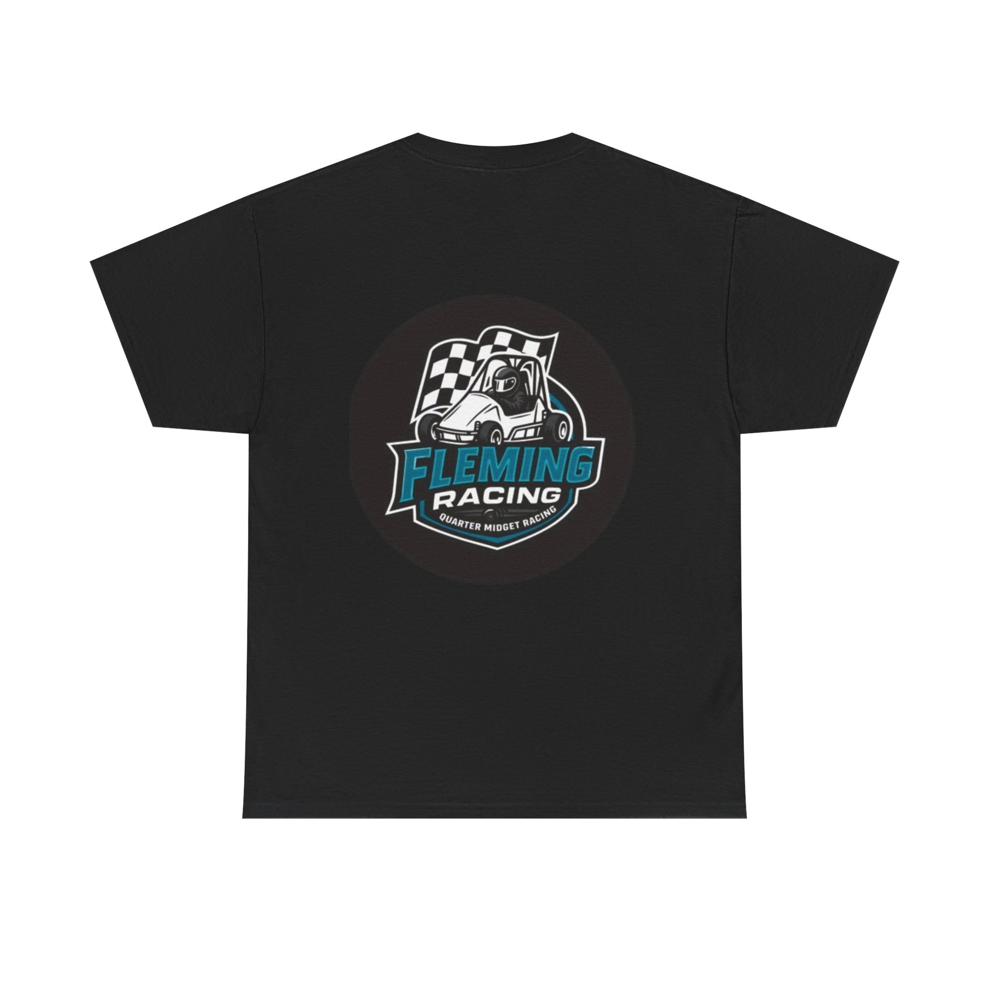Black crewneck T-shirt with large circular Fleming Racing car logo graphic