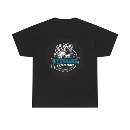 Black crewneck T-shirt with large circular Fleming Racing car logo graphic
