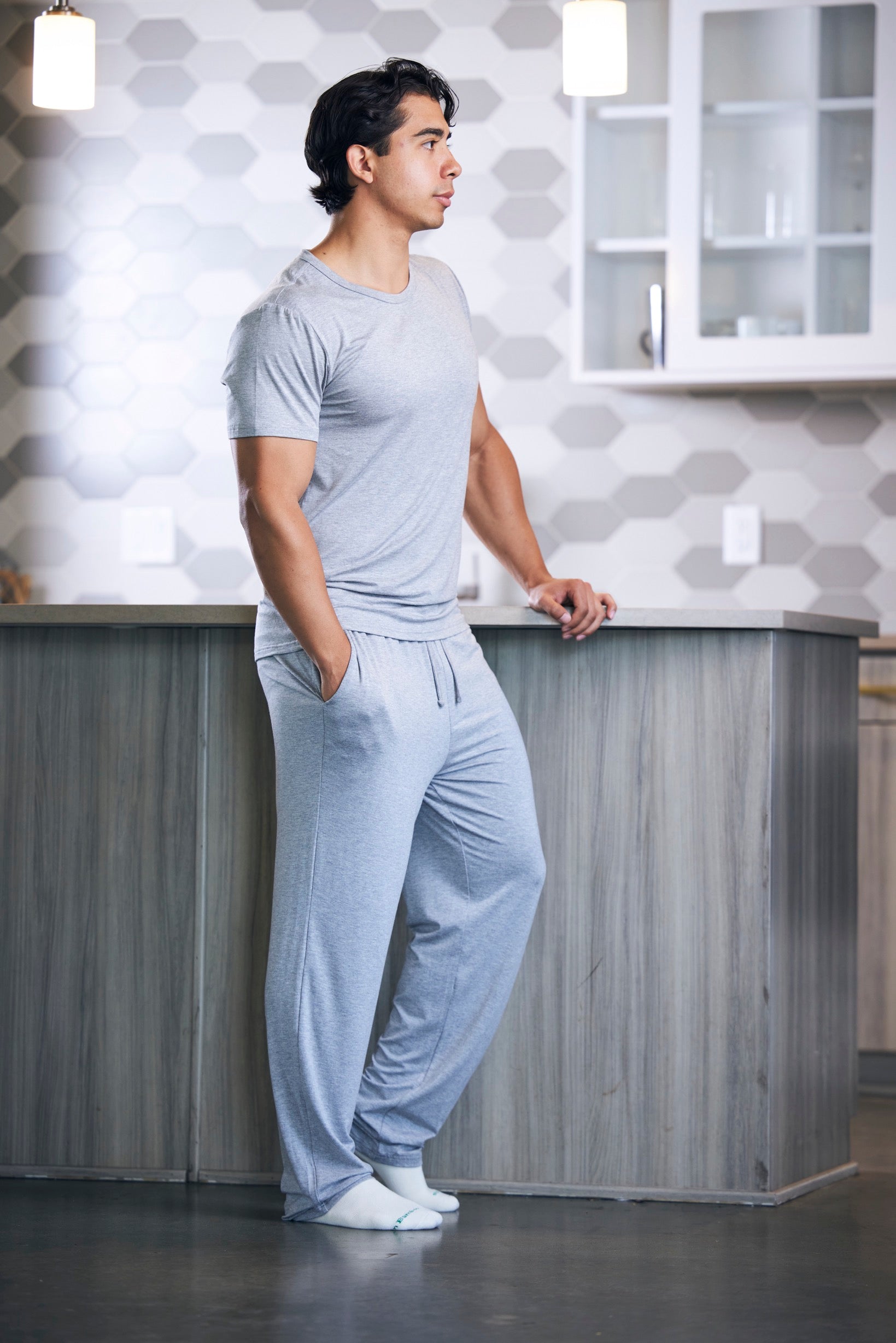 Men's lounge pajama set in heather grey, short-sleeve crew top and relaxed pants