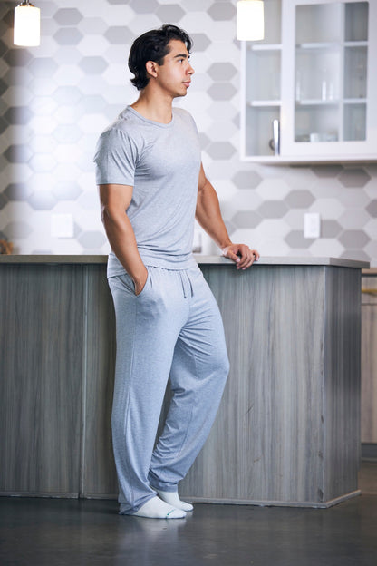 Men's lounge pajama set in heather grey, short-sleeve crew top and relaxed pants