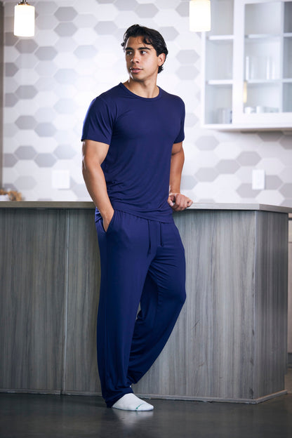 Men's lounge pajama set, navy short-sleeve crew top and matching jogger pants
