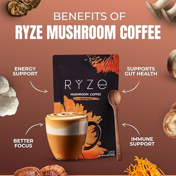 RYZE SUPERFOODS Mushroom Coffee Dark Roast, 6 Adaptogenic Mushrooms & Prebiotic Blend, Instant Coffee Supports Energy, Focus, Digestion & Immunity, Lions Mane & Turkey Tail, 30 Servings. - Renee Lane Company