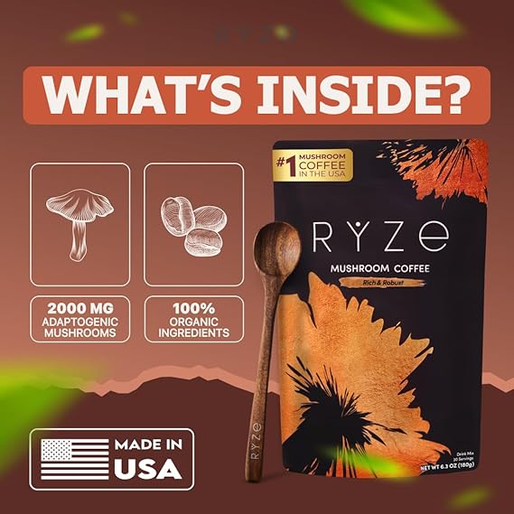 RYZE SUPERFOODS Mushroom Coffee Dark Roast, 6 Adaptogenic Mushrooms & Prebiotic Blend, Instant Coffee Supports Energy, Focus, Digestion & Immunity, Lions Mane & Turkey Tail, 30 Servings. - Renee Lane Company